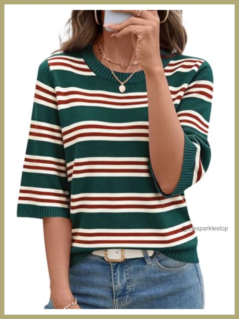 LOMON Women's Striped 3/4 Sleeve Crew Neck Lightweight Knit Pullover Sweater